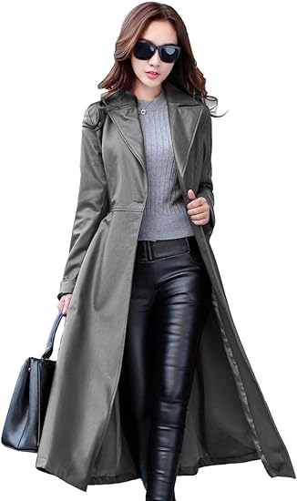 Women Grey Leather Trench Coat
