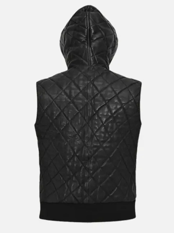 Mens Hooded Style Black Leather Vest