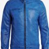 Men Blue Sheepskin Leather Cafe Motorcycle Jacket