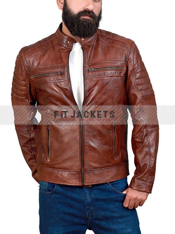 Mens Distressed Brown Cafe Racer Leather Jacket