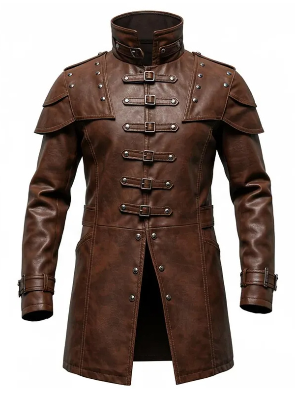 Men Gothic Brown Distressed Leather Coat