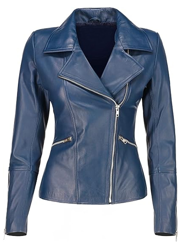 Slim Fit Style Blue Leather Jacket Ladies