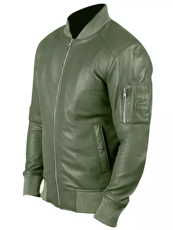 Men's Casual Olive Green Leather Bomber Jacket
