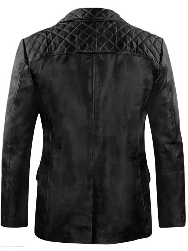 Casual Style Leather Black Blazer for Men with Quilted Collar