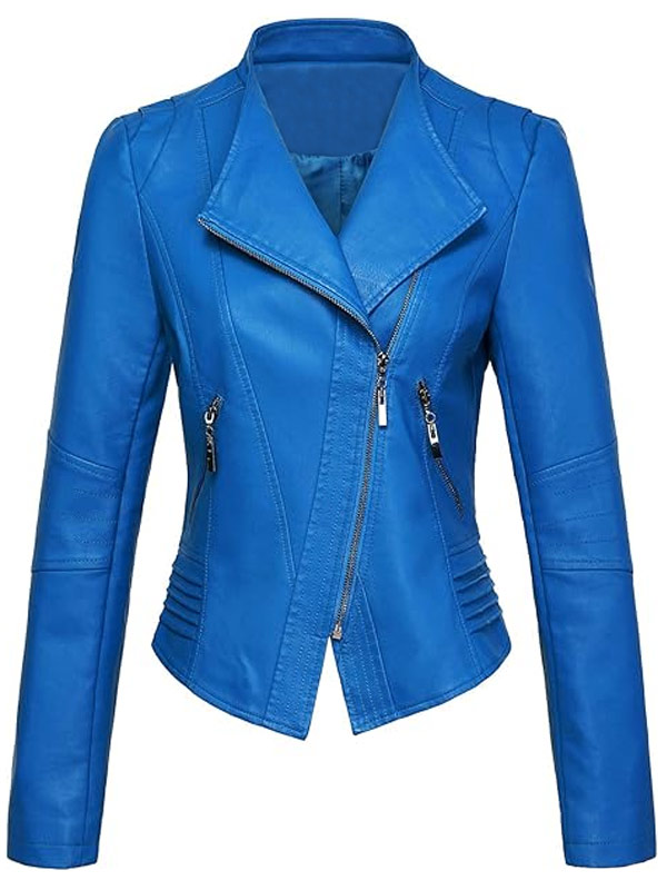 Stylish Blue Leather Biker Jacket Womens