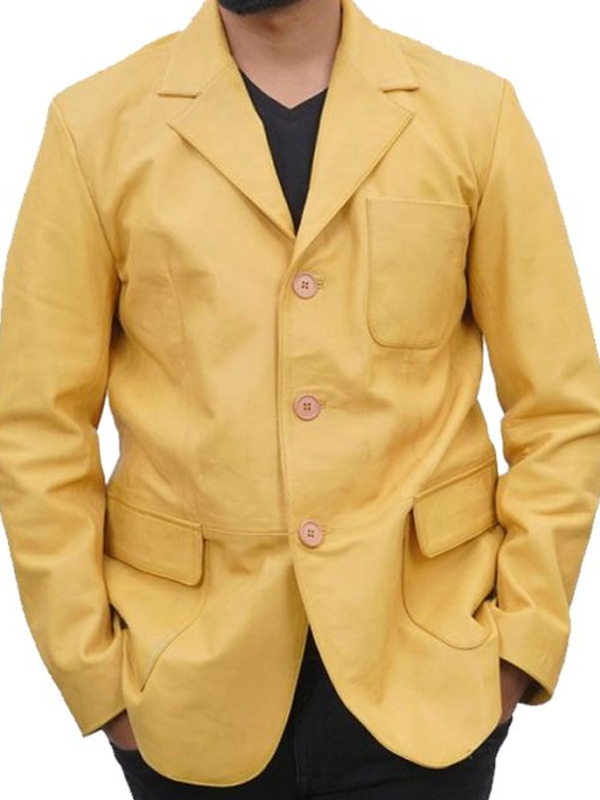 Casual Yellow Leather Blazer Men