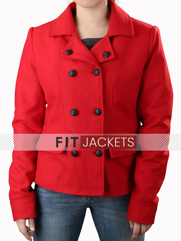 Double Breasted Red Wool Peacoat Womens