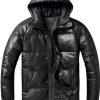 Classic Black Leather Puffer Jacket with Hood