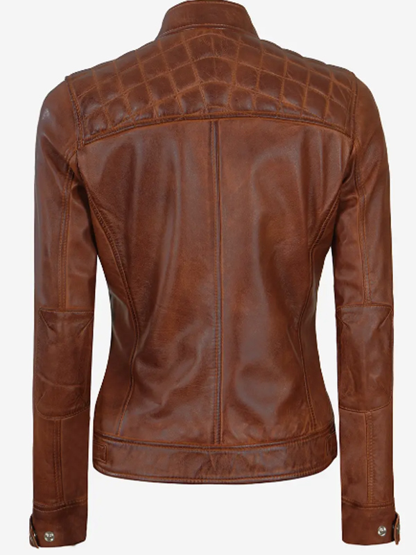 Women Casual Cognac Leather Moto Jacket