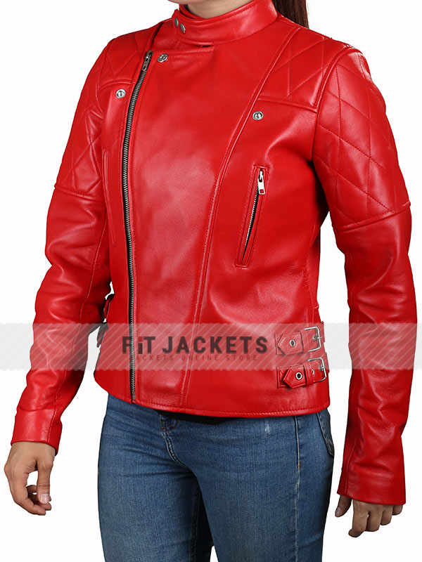 Womens Biker Snap-Tab Collar Cross Zip Red Quilted Leather Jacket