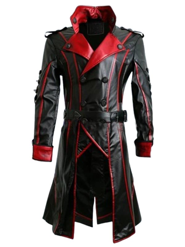 Gothic Leather Black and Red Trench Coat