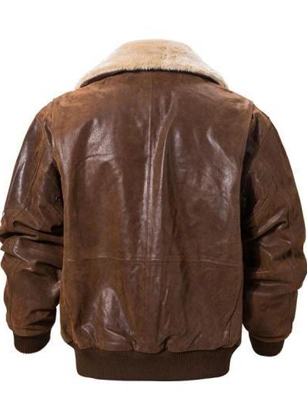 Men Brown Leather Bomber Jacket With Shearling Collar