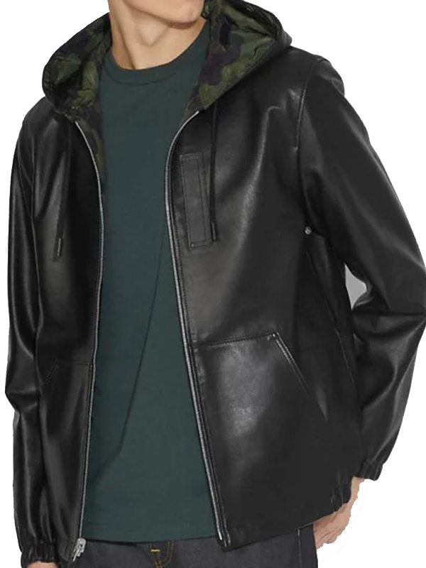 mens black leather jacket with hood