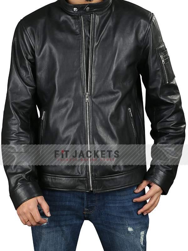 Men Cafe Racer Genuine Black Leather Jacket with Zipper Sleeve Pocket