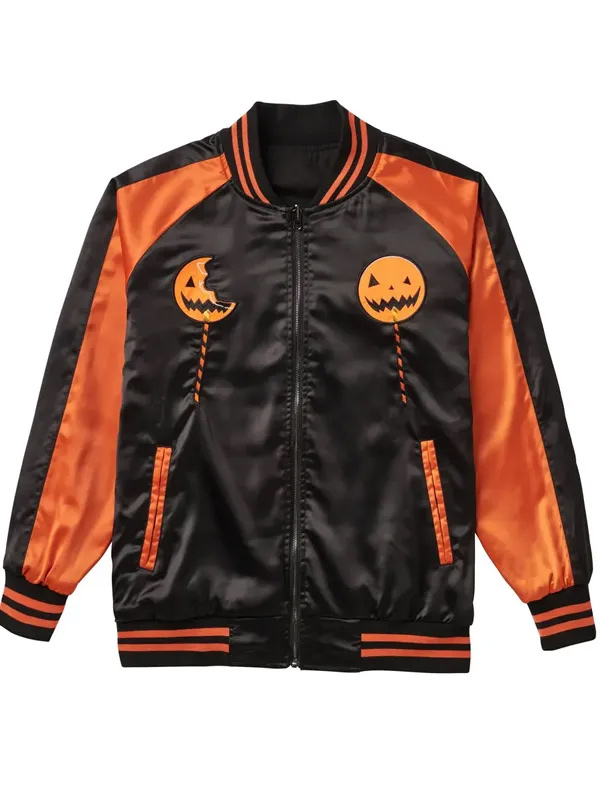 Buy Hallowen Black and Orange Trick r Treat Satin Varsity Jacket