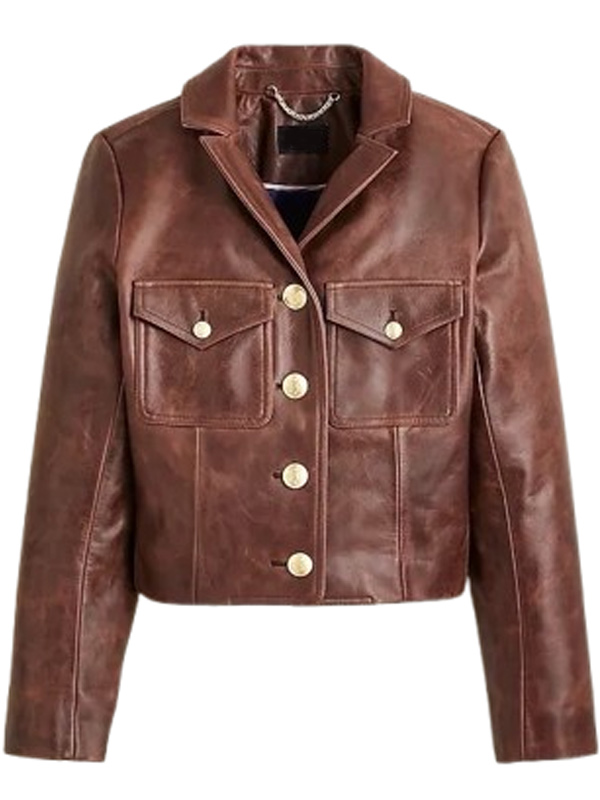 Ladies Distressed Brown Leather Cropped Jacket