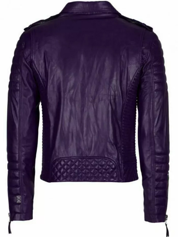 Men Biker Style Dark Purple Leather Quilted Jacket with Padded Sleeves
