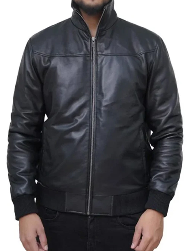 Men Black Leather Bomber Funnel Neck Jacket