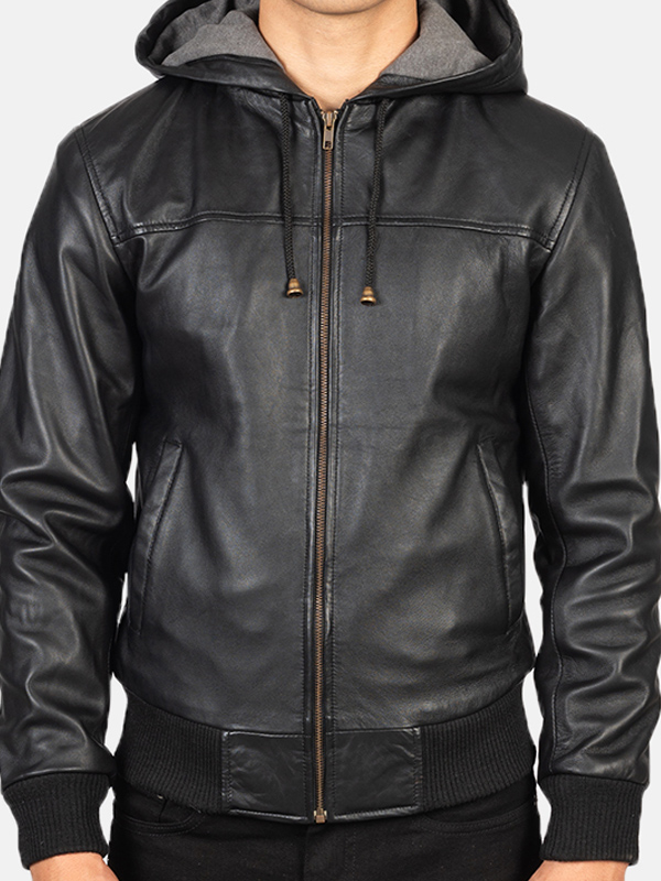 Men Casual Black Leather Mens Jacket With Hood
