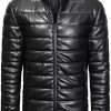 Men Black Leather Quilted Puffer Jacket