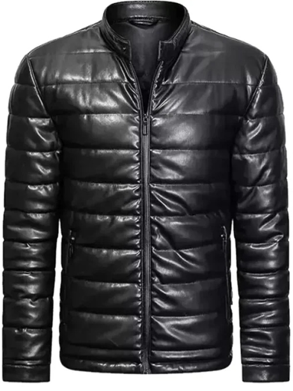 Men Black Leather Quilted Puffer Jacket