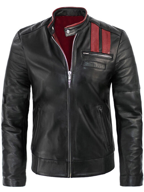 Men Designer Black Strip Leather Jacket