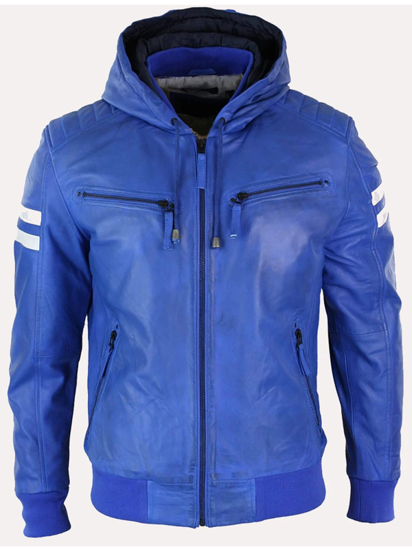 Men Bomber Blue Hooded Leather Jacket