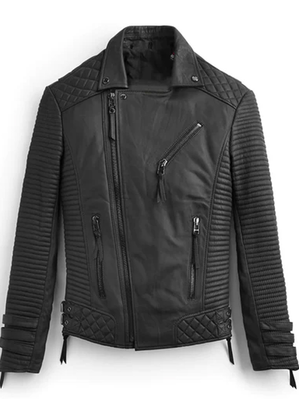 Men Quilted Black Biker Leather Jacket