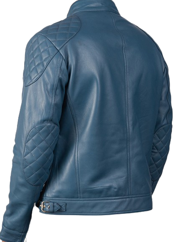 Men Quilted Blue Leather Biker Jacket