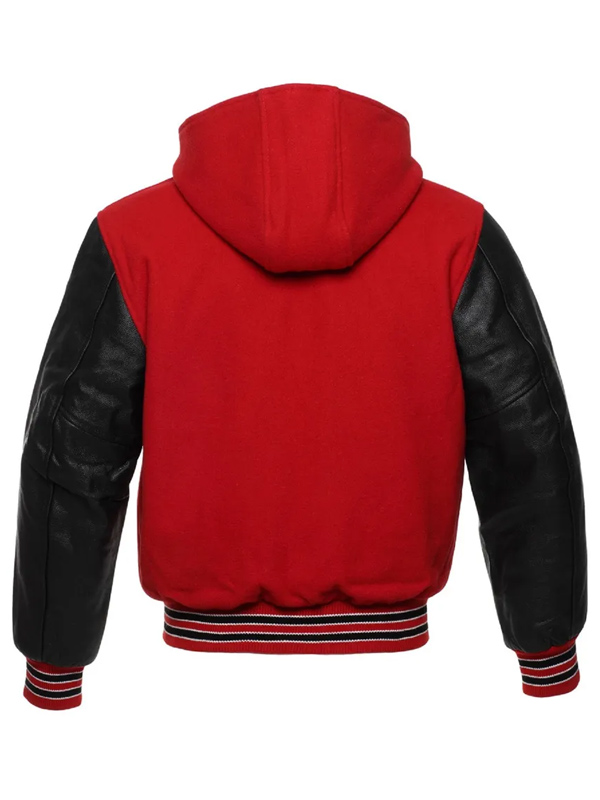Men Classic Red and Black Hooded Bomber Varsity Leather Jacket