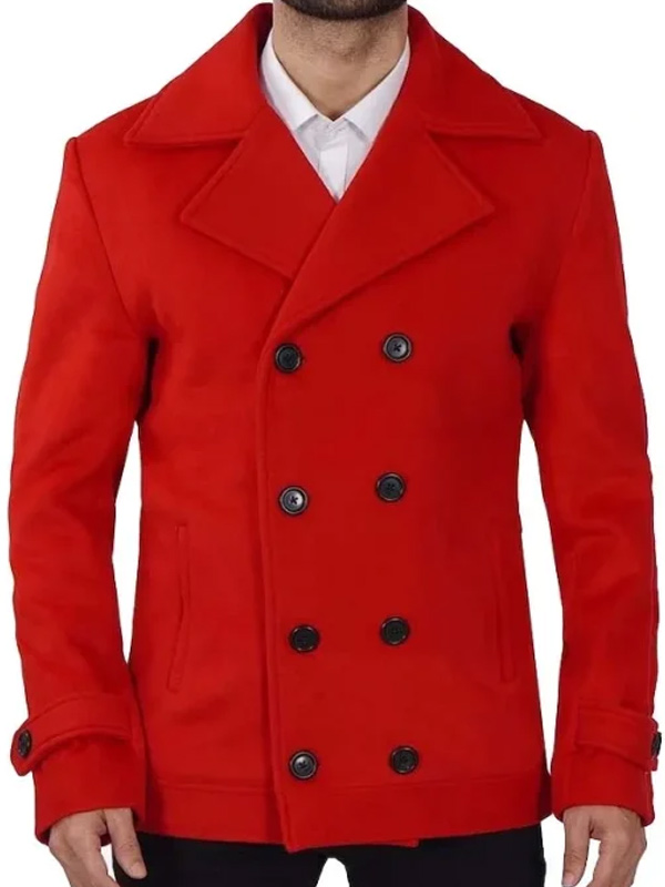 Men Double Breasted Red Peacoat