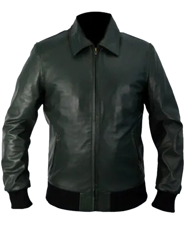 Men Casual Leather Olive Green Bomber Jacket