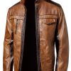 Mens Biker Style Brown Leather Moto Jacket