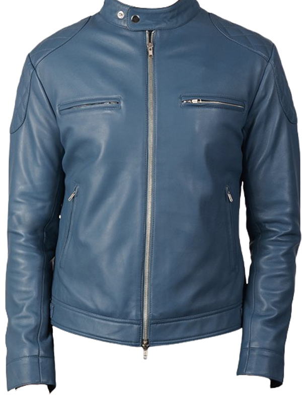 Men Vintage Blue Leather Motorcycle Jacket