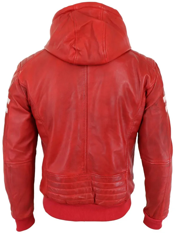Men Stylish Hooded Red Leather Jacket with White Strips