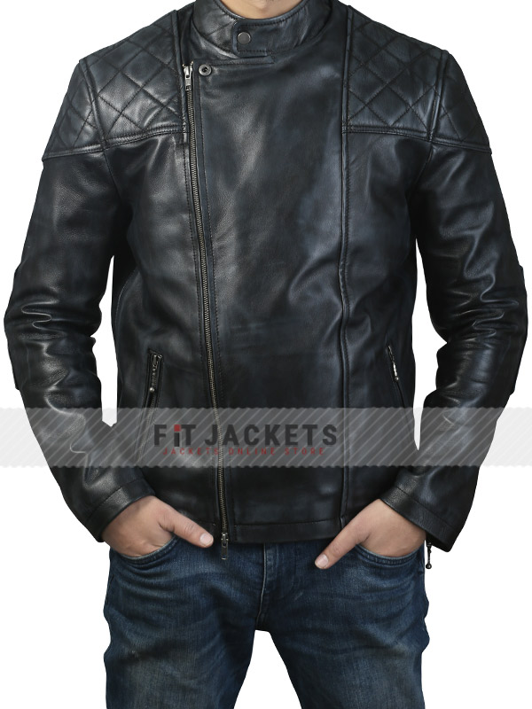 Mens Biker Bekham Style Quilted Leather Jacket