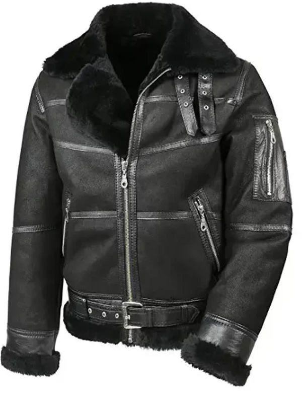 Men Aviator Black Sheepskin Bomber Leather Jacket