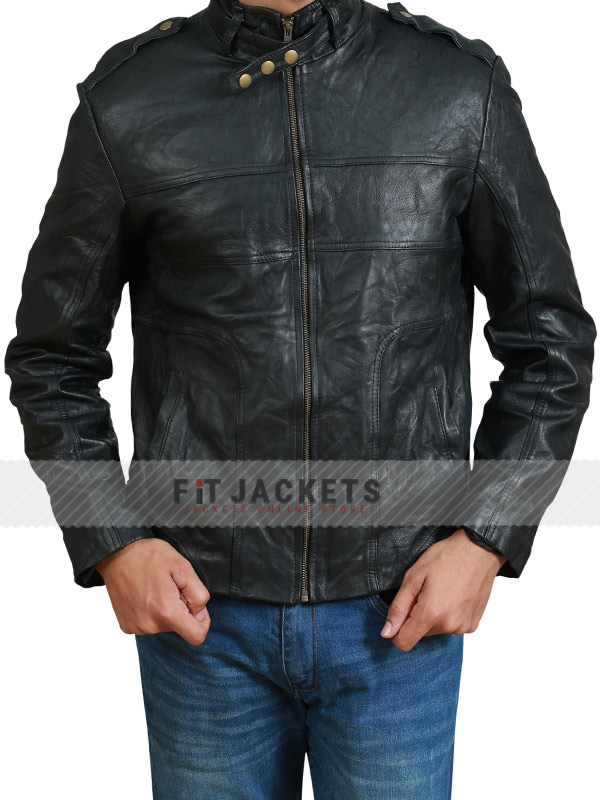 Men Snap-Tab Collar Casual Black Leather Jacket