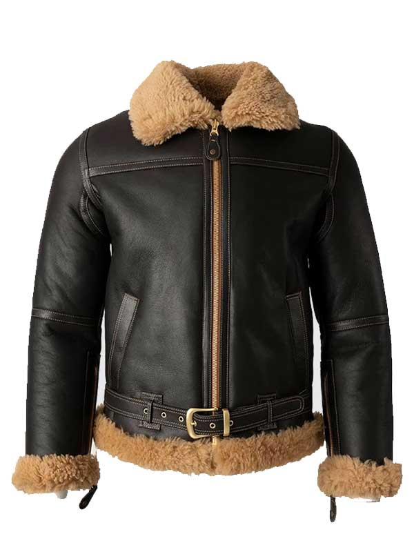 Men B3 Sheepskin Shearling Belted Black Leather Jacket