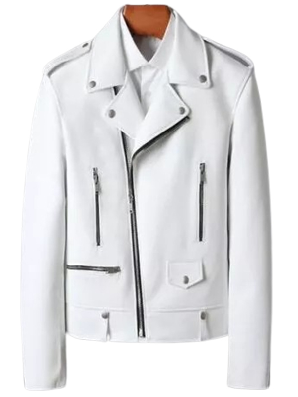 Moto Style White Leather Biker Jacket