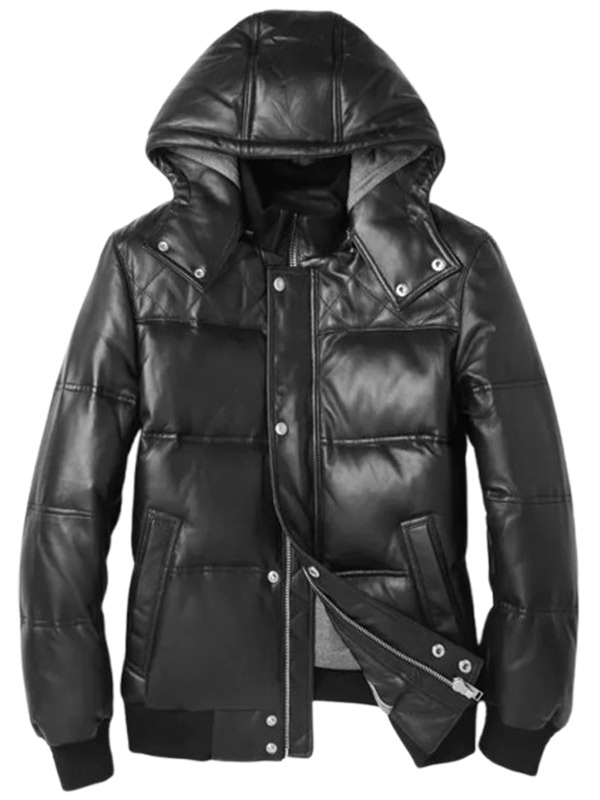 Winter Bomber Genuine Leather Black Hooded Jacket