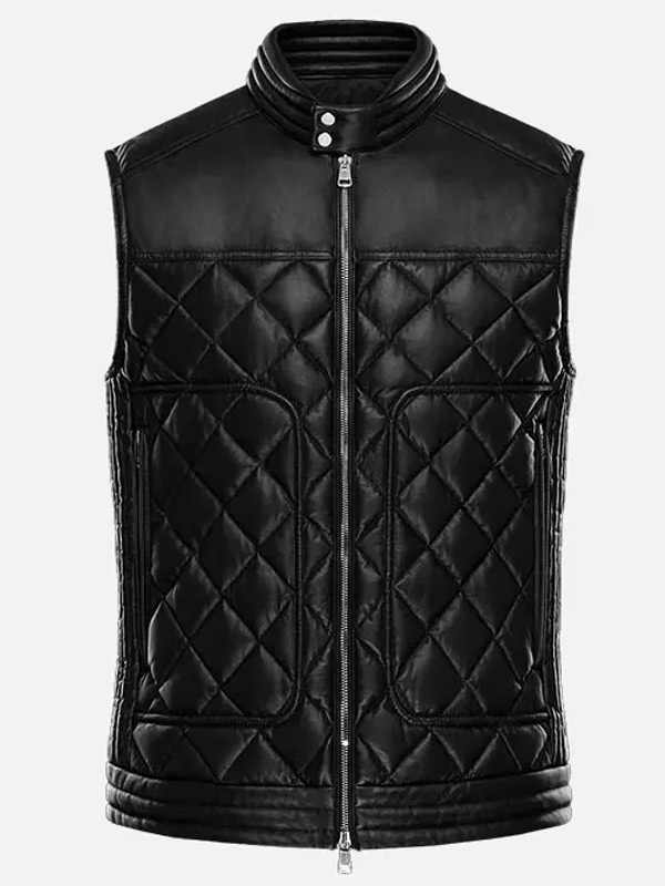 Men's Quilted Style Black Moto Leather Vest