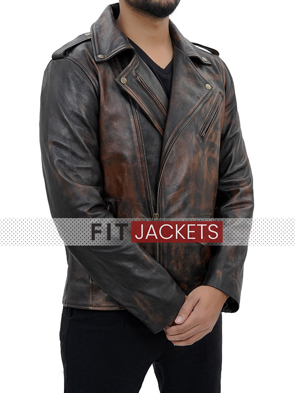 Distressed Leather Biker Jacket