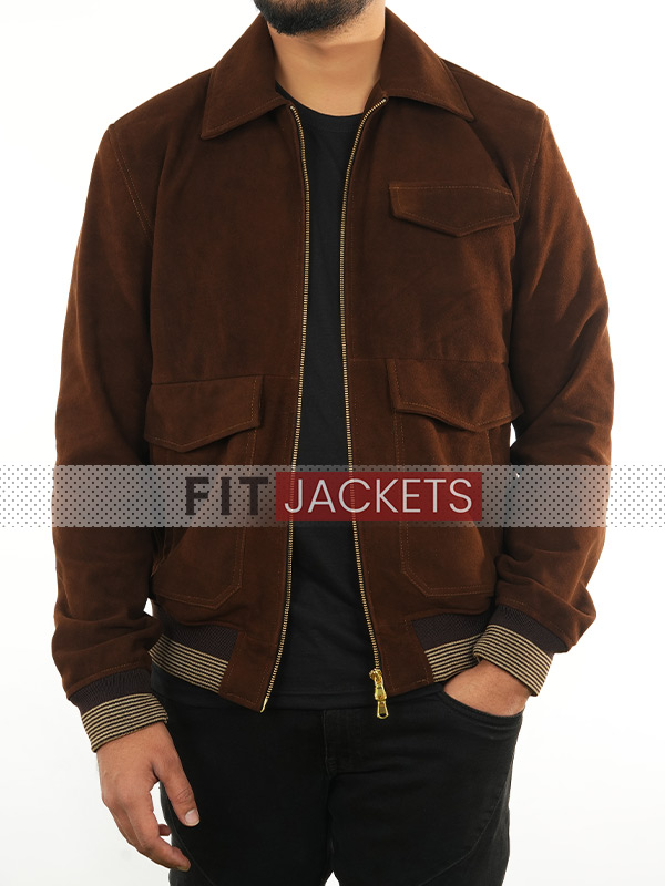 Brown Suede Bomber Jacket For Mens