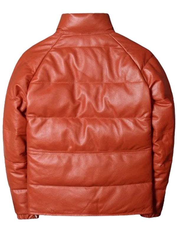 Men Casual Brown Leather Puffer Jacket