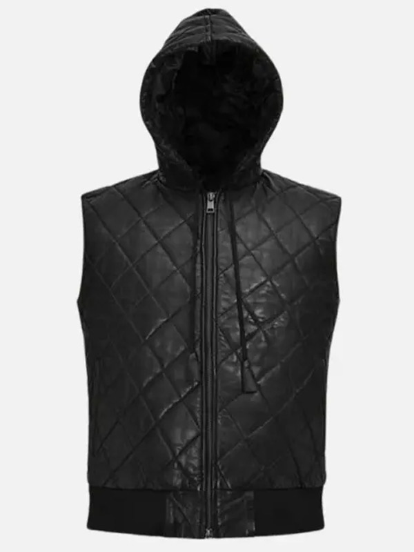 Black Quilted Style Mens Hooded Leather Vest