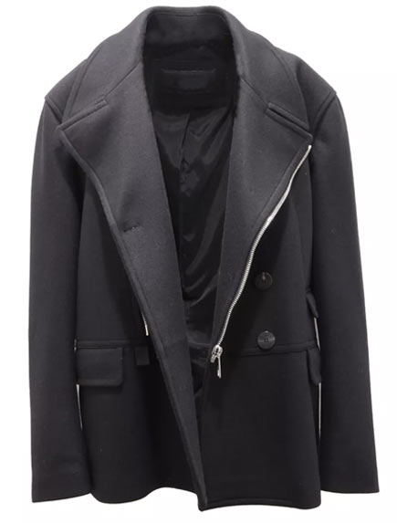 Black Short Wool Coat with Zipper Peacoat