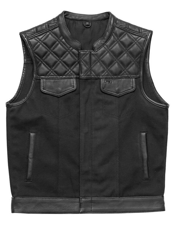 Men Motorcycle Style Black Quilted Leather Vest
