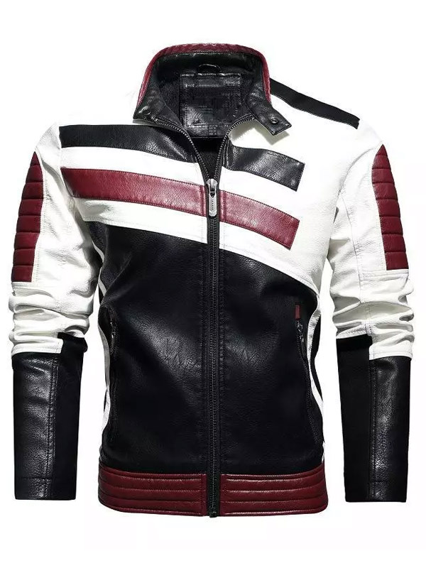 Motorcycle Black White and Red Leather Jacket