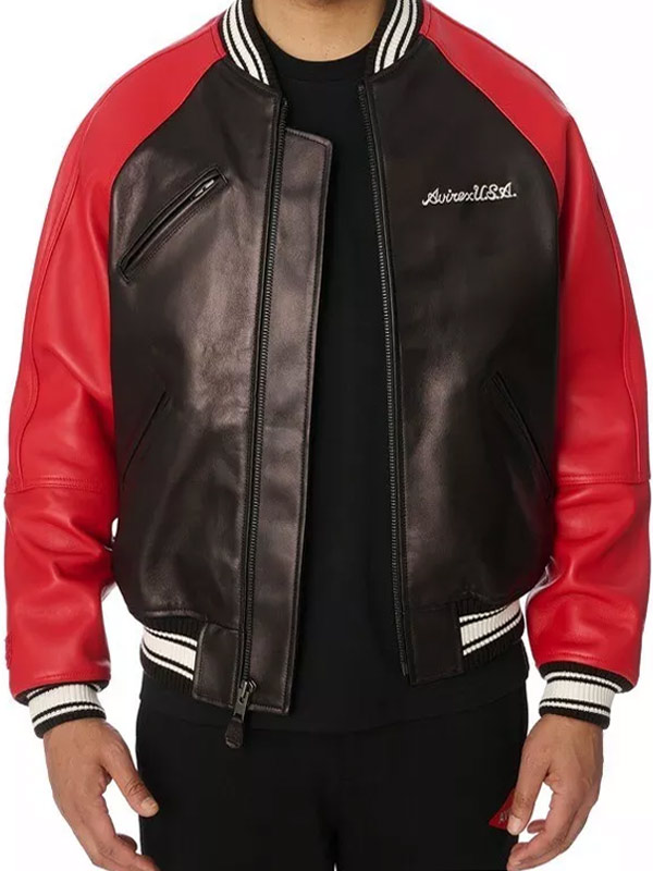 Mens Track Avirex Black and Red Leather Varsity Jacket